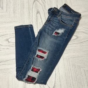 Judy Blue Distressed Jeans with Red Plaid Accents